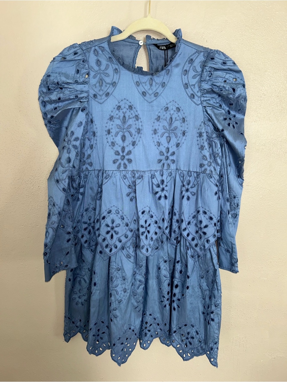 Zara Light Blue embroidered Eyelet Midi Dress - Picture 2 of 5